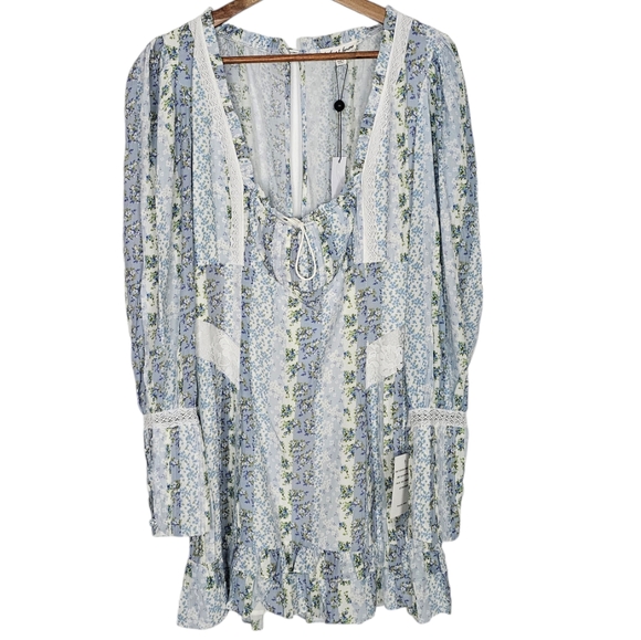 For Love and Lemons Gracie Mini Dress Priarie Blue Floral Patchwork Size L NWT - Picture 4 of 10
